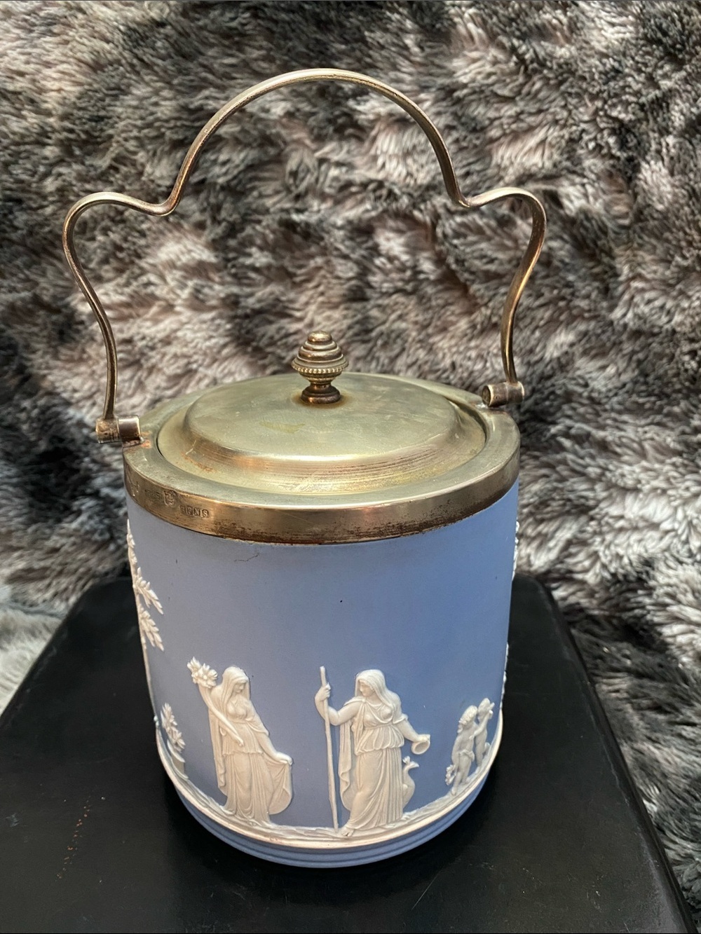 Vintage Wedgwood Blue Jasperware Style Biscuit Jar with Brass Lid and Handle